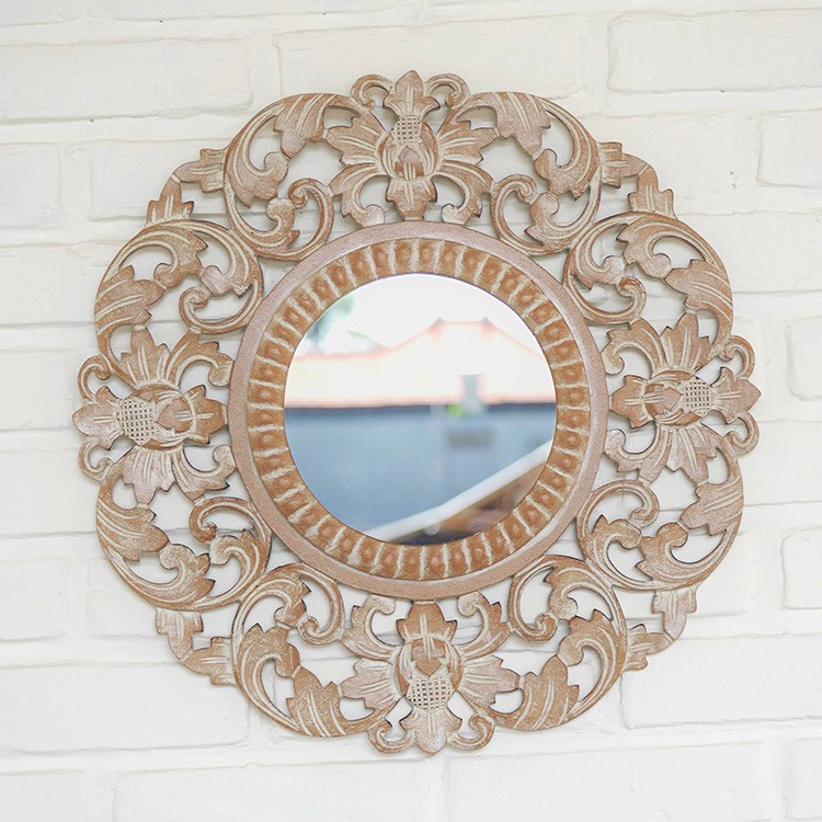 アジアン バリ風 鏡 壁掛け 丸型 ミラー ウォールミラー 木製 ウッド