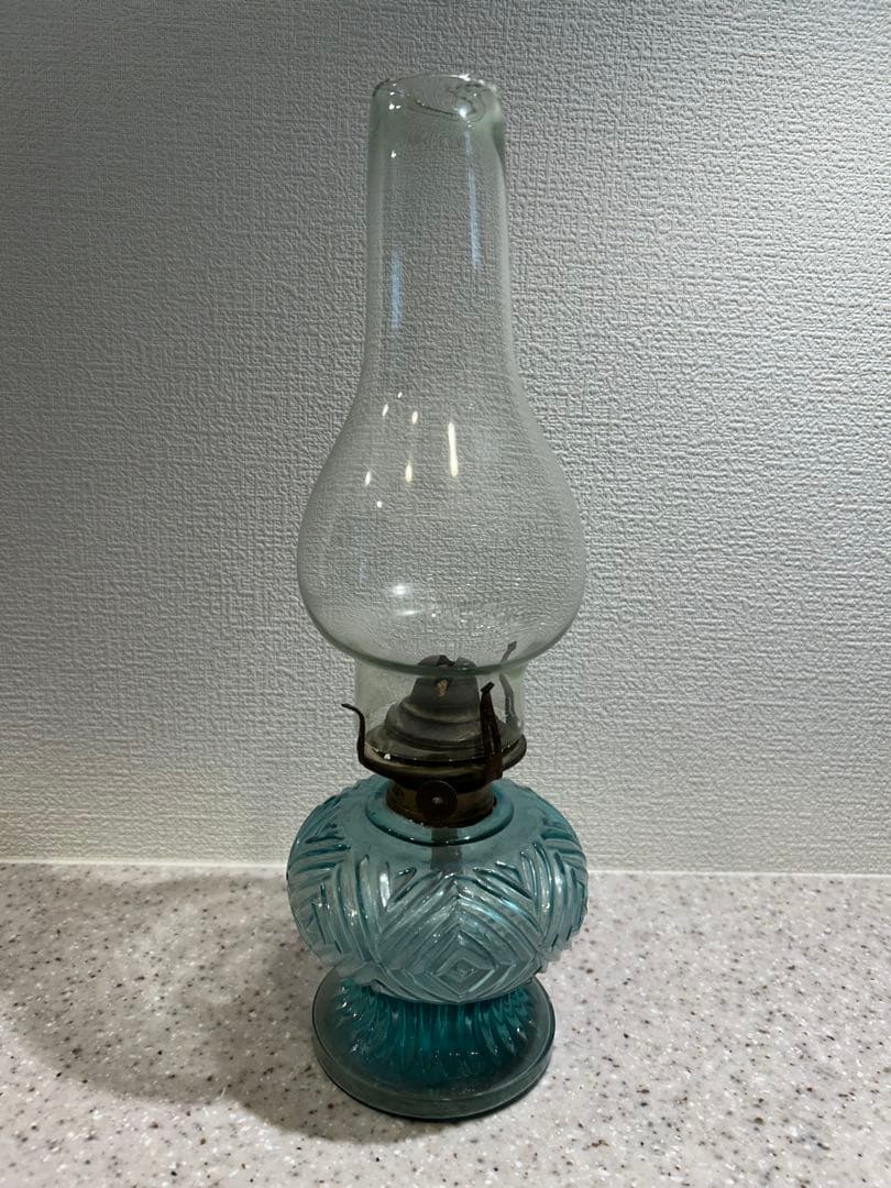 青色ガラスオイルランタン　アンティーク和物ガラス骨董品 明治大正期 和ガラス アンティーク オイルランプ 青色ガラス 難あり
